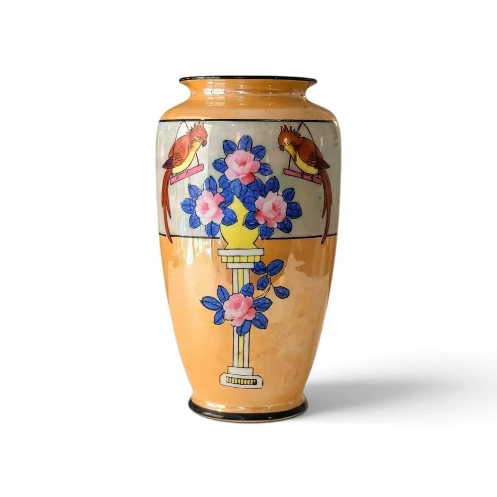 Vintage Hand Painted Japanese Lusterware Vase Parrots & Pink Roses 7.5